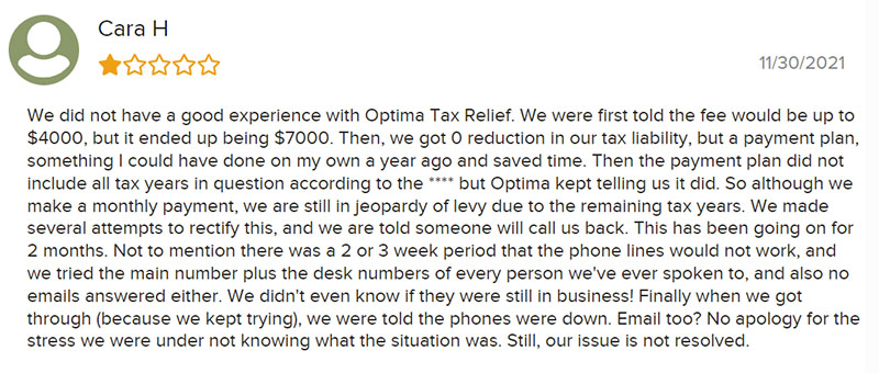Cara H BBB Comment - Can Optima Tax Relief Save You Money