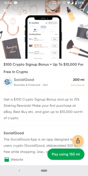 Miles App $100 Crypto Signup Bonus Pay Screen