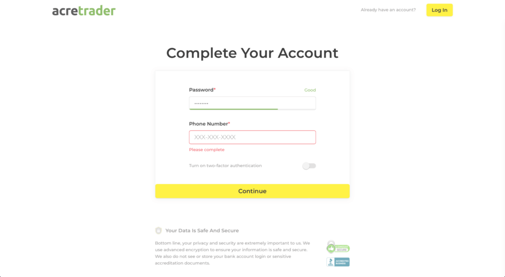 acretrader complete your account