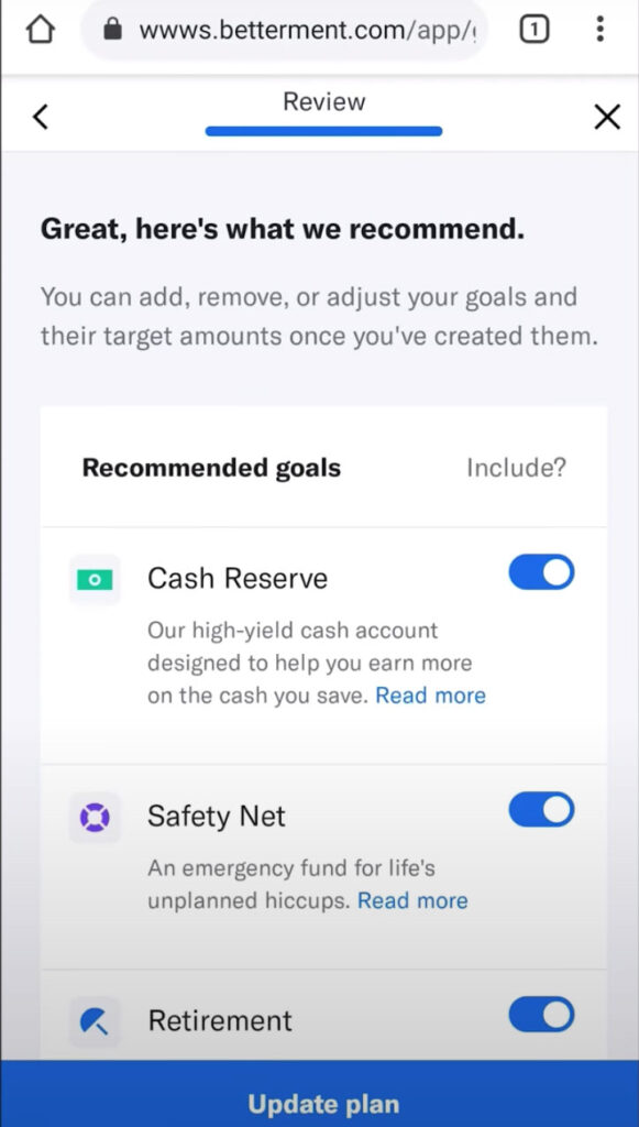betterment recommended goals