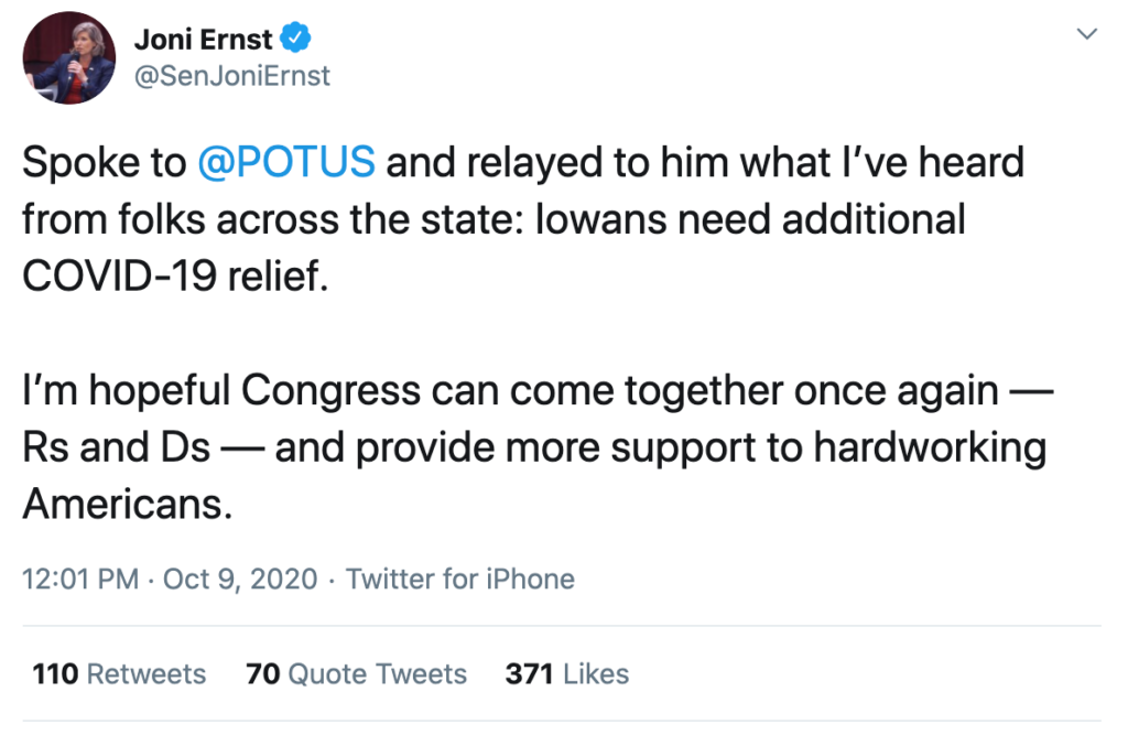 joni ernst tweet iowans covid-19 relief