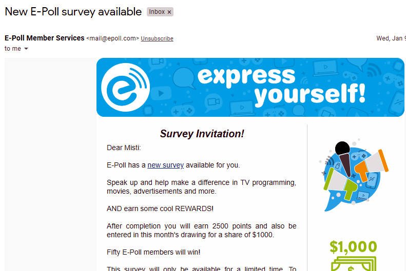 Paid Surveys E-Poll - Email Survey Invite 2500 Points