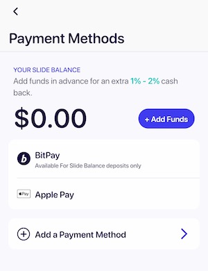 slide payment methods and balance