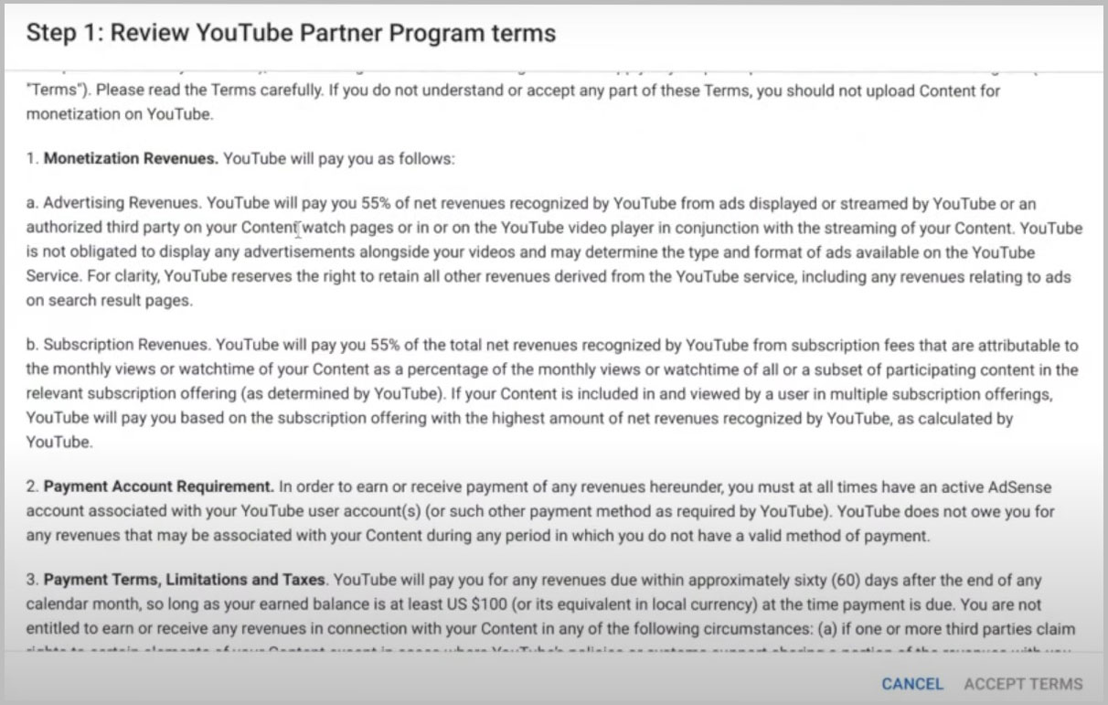 step 1 review youtube partner program terms