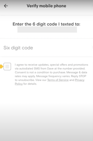 step 4 dave app signup verify your mobile phone number